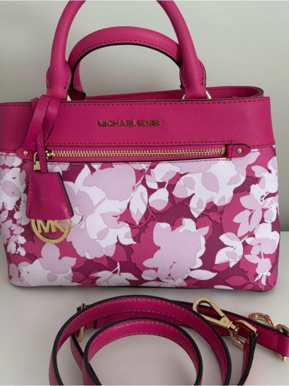 Michael Kors Hot Pink Floral Leather Satchel with Gold Hardware Hailee